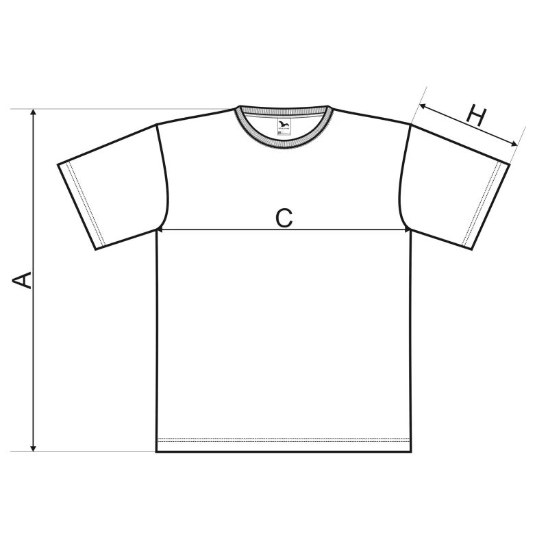 Schemat pomiaru t-shirt: A — długość całkowita, C — szerokość pod pachami, H — długość rękawa.